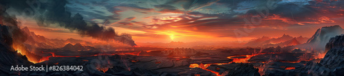 Volcanic Landscape  A dramatic volcanic landscape scene with a steaming volcano  rugged lava fields  and a fiery sunset in the background
