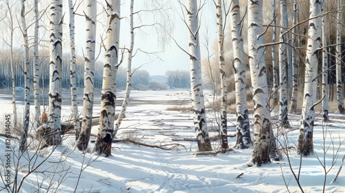 In this tranquil winter landscape  a birch grove with bare trees stands on a snow-covered ground. The river flows nearby  with patches of melting snow