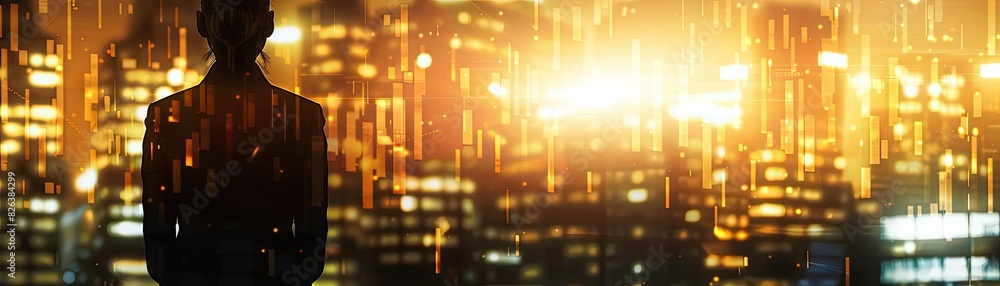 Fototapeta premium Silhouette of a person standing in front of a brightly lit cityscape at night, portraying a futuristic urban vibe with glowing skyscrapers.
