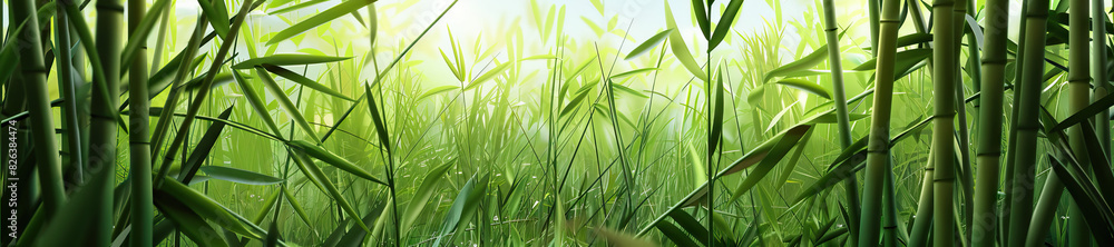 Obraz premium Bamboo Forest: A tranquil bamboo forest scene with tall bamboo stalks rustling in the breeze, creating a soothing, rhythmic sound.
