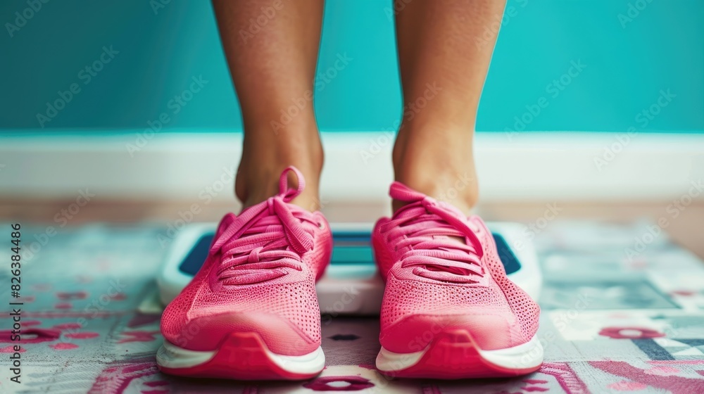 A woman in pink sneakers is standing on a scale. A woman in pink sneakers is standing on a scale.