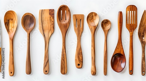 Collection of wooden spatulas and spoons displayed elegantly against a clean white backdrop, essential tools for any cook.