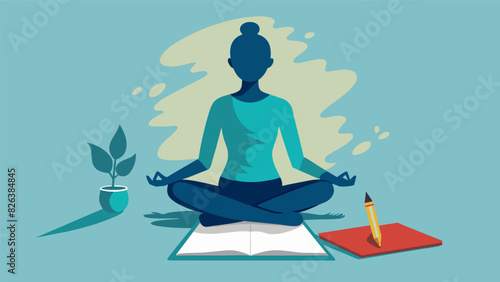 The shadow of a person in a yoga pose with the silhouette filled with words representing their stressors being released as they write in their. Vector illustration
