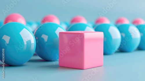 A pink square stands out from a group of blue spheres.