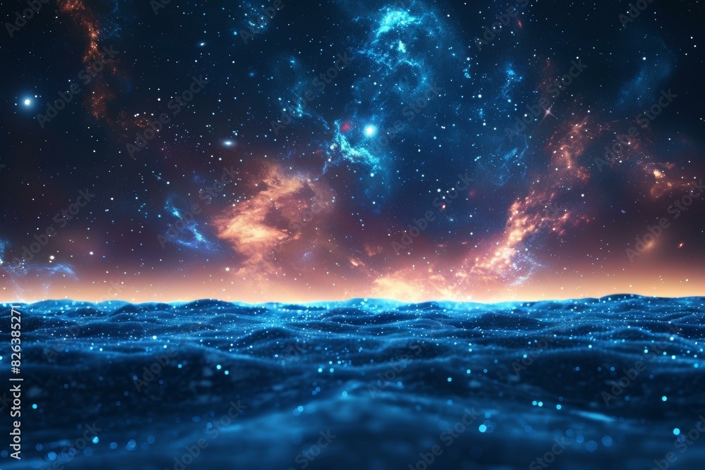 Fototapeta premium Starry Night over a Glowing Sea in the Cosmic Galaxy