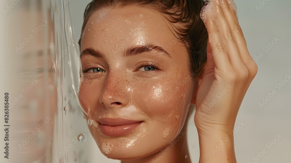 Naklejka premium Radiant Skincare Journey:A Model's Daily Ritual with Anti-Aging Facial Cleanser