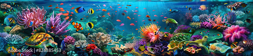 Coral Reef: An underwater scene of a vibrant coral reef, teeming with colorful fish, sea turtles, and waving sea anemones