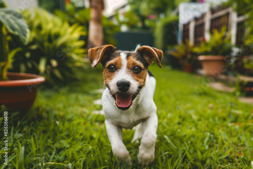 Energetic dog flashing a big grin while dashing towards the camera in a lively, green backyard, radiating pure happiness
