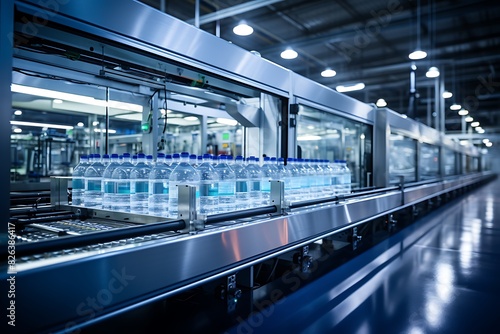 Bottling water in plastic bottles on conveyor belt in beverage factory photo