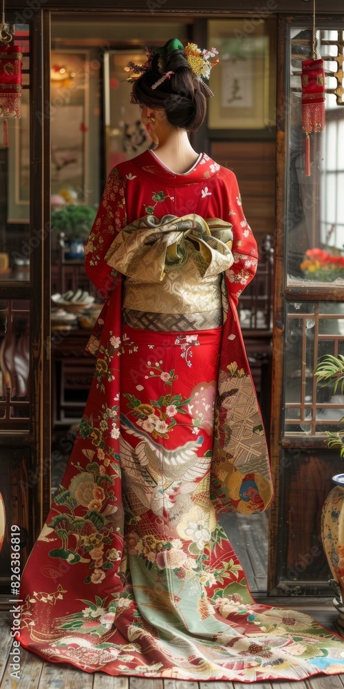 Naklejka premium A woman wearing a red kimono with floral patterns and a golden obi