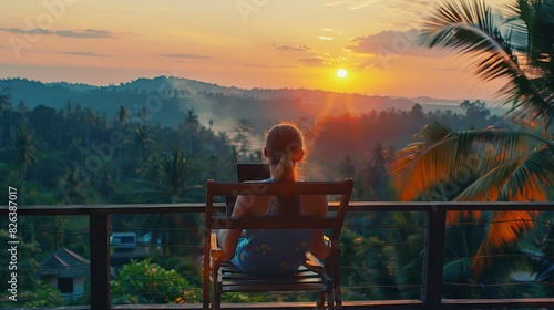 Young woman working on laptop while sitting in wooden chair at sunset, remote work concept. photo