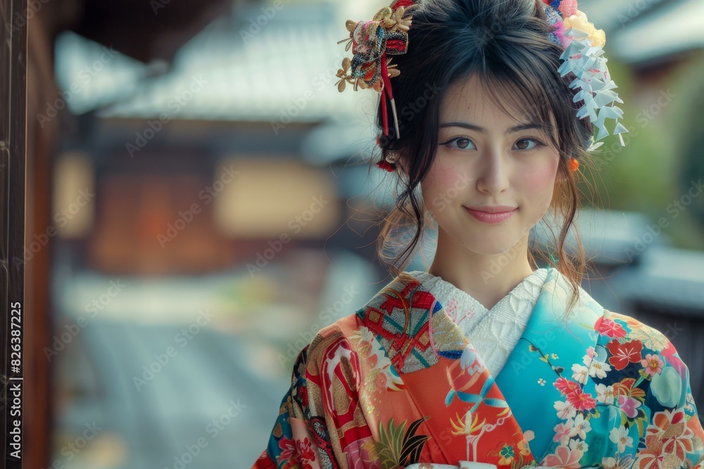Portrait of a young woman in a kimono smiling Portrait of a young woman in a kimono smiling