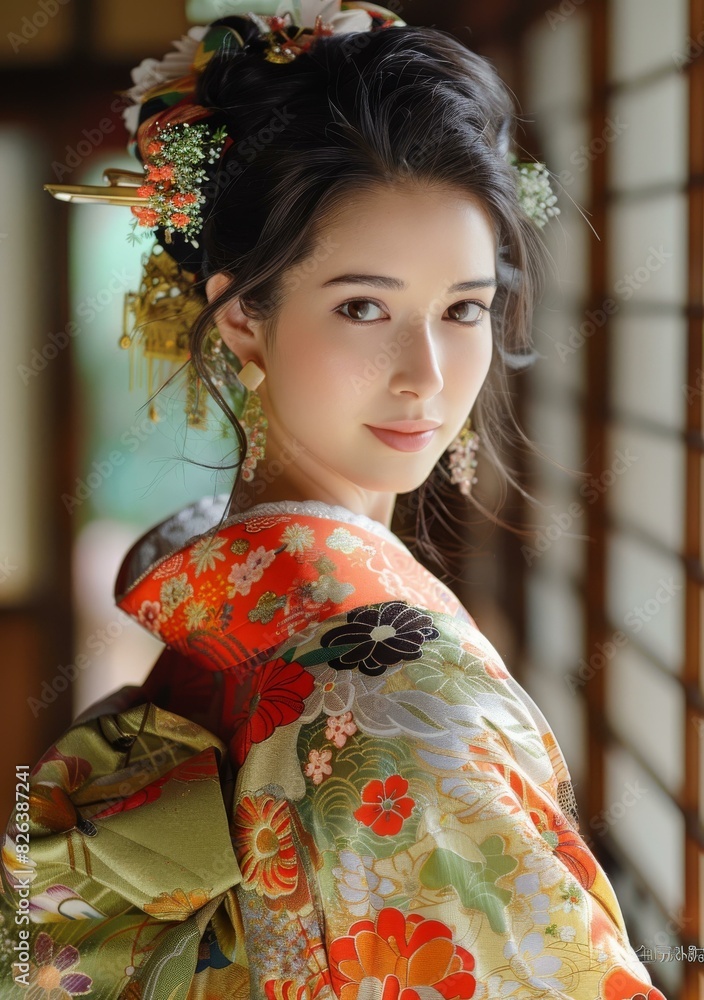 Portrait of a beautiful Japanese woman in traditional kimono Portrait of a beautiful Japanese woman in traditional kimono