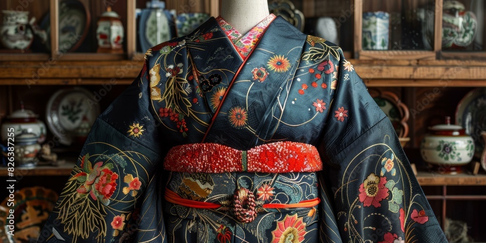 A kimono with a floral pattern and a red obi.