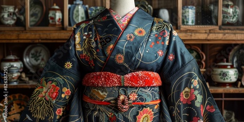 A kimono with a floral pattern and a red obi. © duyina1990