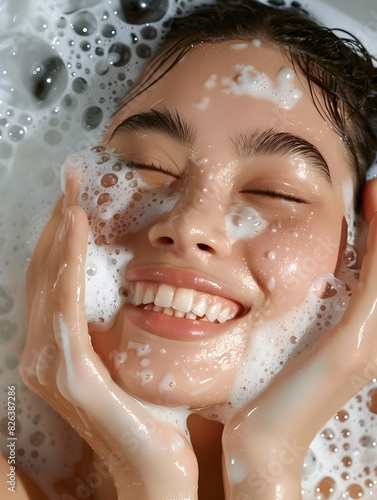 Woman Smiling as She Washes Her Face with Foaming Cleanser on a Clean Background
