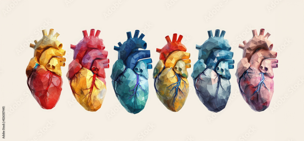 3D illustration of a set of five colorful hearts.