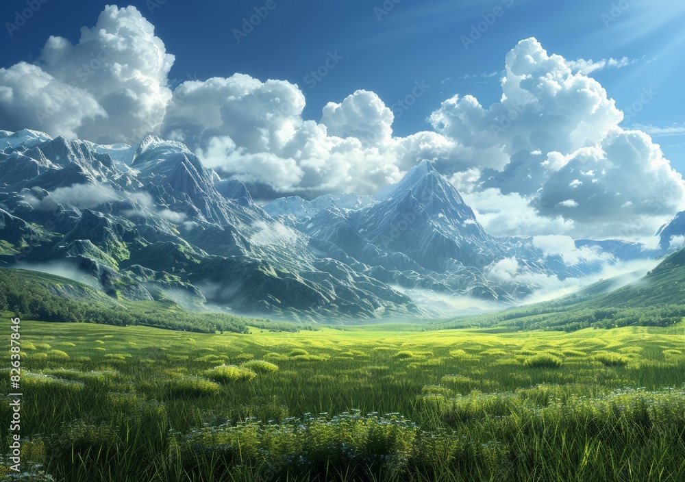Obraz premium Rolling Green Hills with Snow-Capped Mountains in the Distance