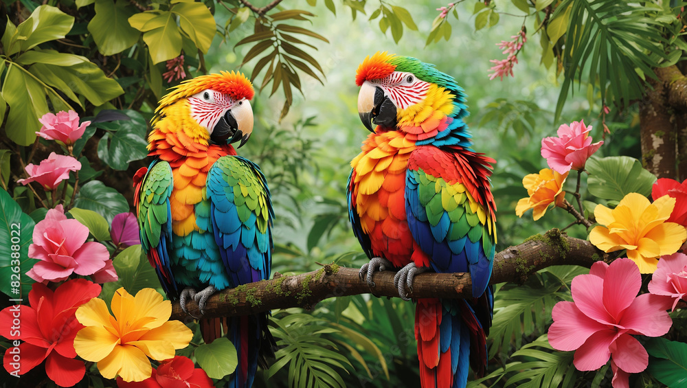 A brightly colored parrot is sitting on a branch in a jungle setting. The parrot has red, green, blue, and yellow feathers. The background includes green leaves and pink flowers.

