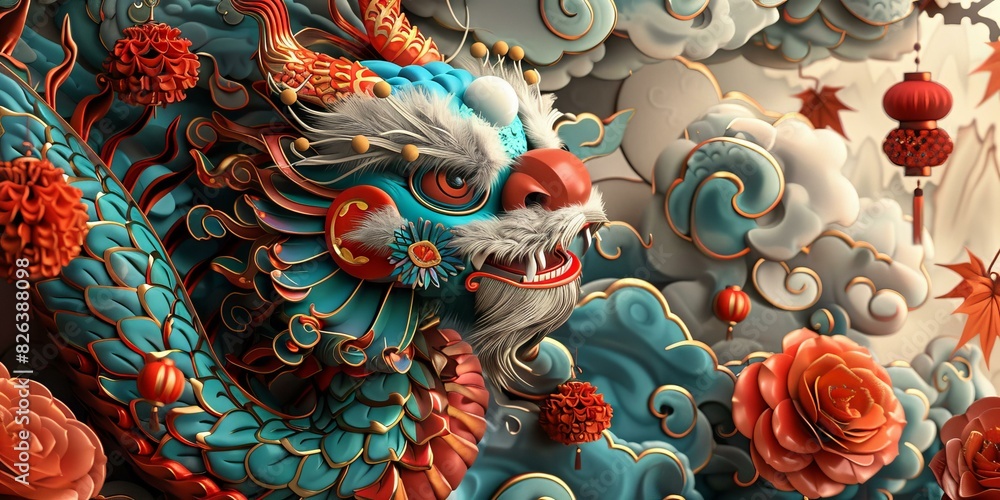 Obraz premium Majestic Chinese Dragon Gracing Auspicious Clouds