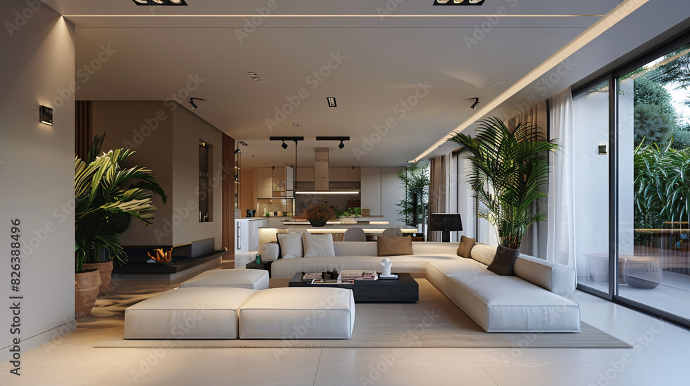 Fototapeta premium Spacious lounge area with a green plant, white sofa, and black lamp, contemporary design