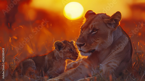 lioness with her cub, in natural surroundings at sunset © Soul