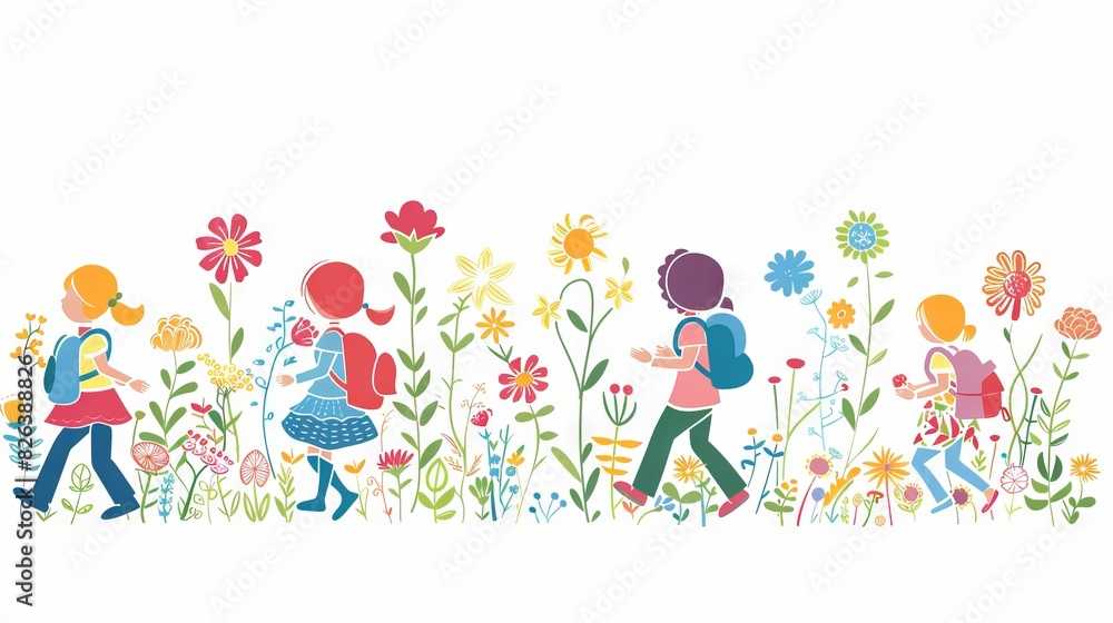 School concept, children and flowers drawn on a white background. 