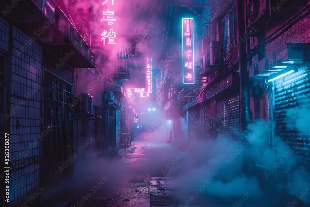 Vivid, cyberpunkinspired alleyway illuminated by neon lights and shrouded in mist