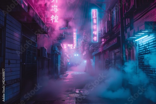 Vivid  cyberpunkinspired alleyway illuminated by neon lights and shrouded in mist