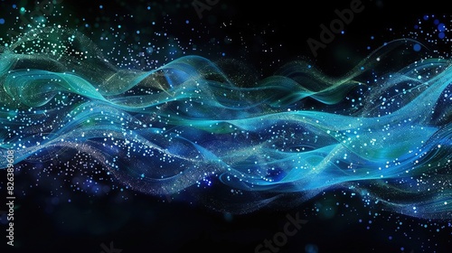 An abstract image with blue and green glowing waves and sparkles against a black background.  © Pro