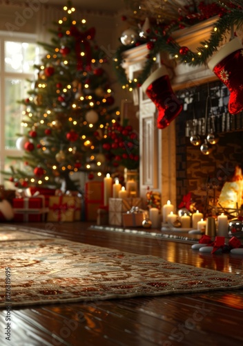 Wallpaper Mural Christmas Tree Decorated with Lights and Ornaments by a Cozy Fireplace Torontodigital.ca