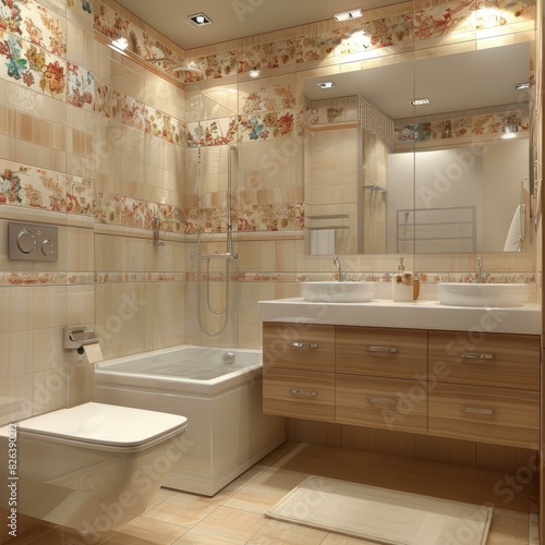 Bathroom interior with beige and brown tiles