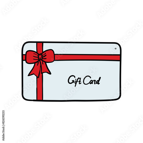 Hand drawn doodle gift card with red ribbon on white background.