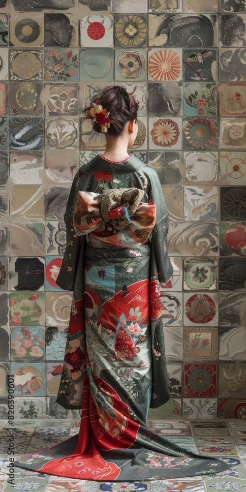 Naklejka premium Woman in Traditional Japanese Kimono with Colorful Pattern Standing in Front of Wall with Tile