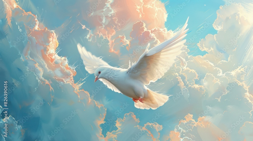 A dove ascends. Ascension. White dove in the sky with clouds, flying towards light. Computer digital drawing. A dove ascends. Ascension. White dove in the sky with clouds, flying towards light. Computer digital drawing.
