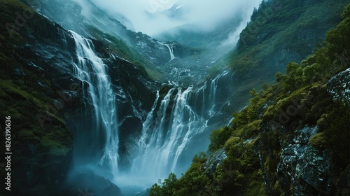 Towering waterfall in a mountainous region  photo
