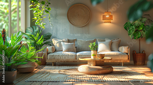 Stylish living room with a green plant, black lamp, and white sofa, wooden floor