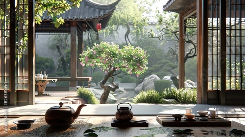 Traditional Chinese tea ceremony in a serene garden  photo