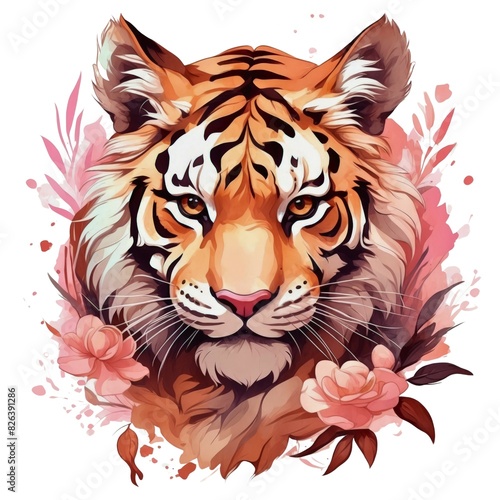 Watercolor illustration portrait of a cute adorable tropical wildcat tiger animal with flowers on isolated white background. © AkosHorvathWorks