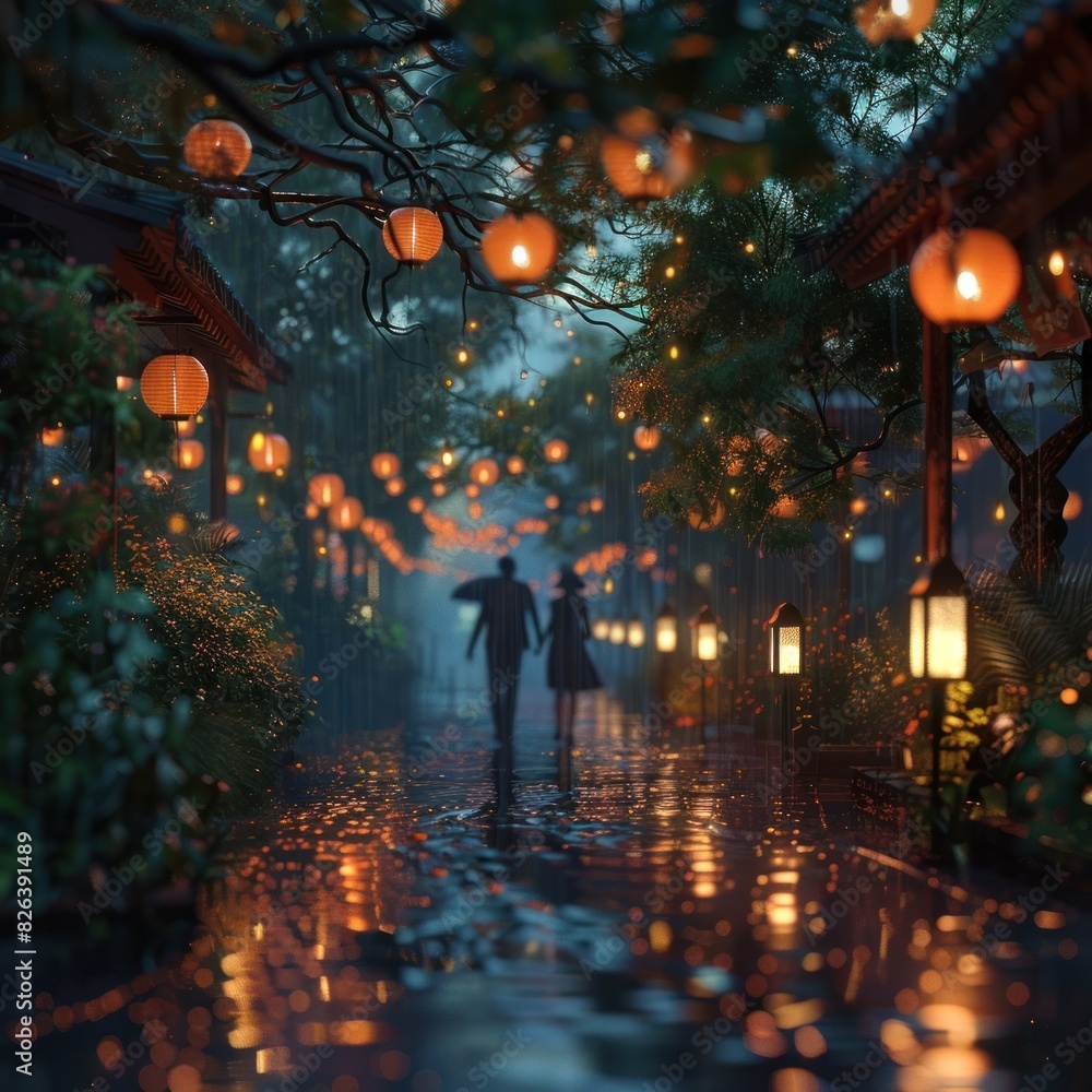 Intimate Stroll A Couple Walks HandinHand Down a LanternLit Lane Amidst a Gentle Evening Rain