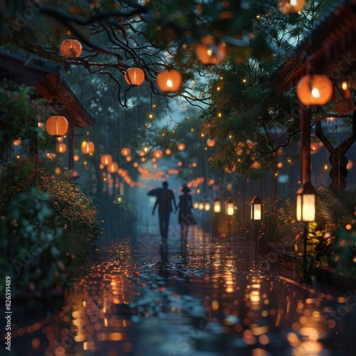 Intimate Stroll A Couple Walks HandinHand Down a LanternLit Lane Amidst a Gentle Evening Rain