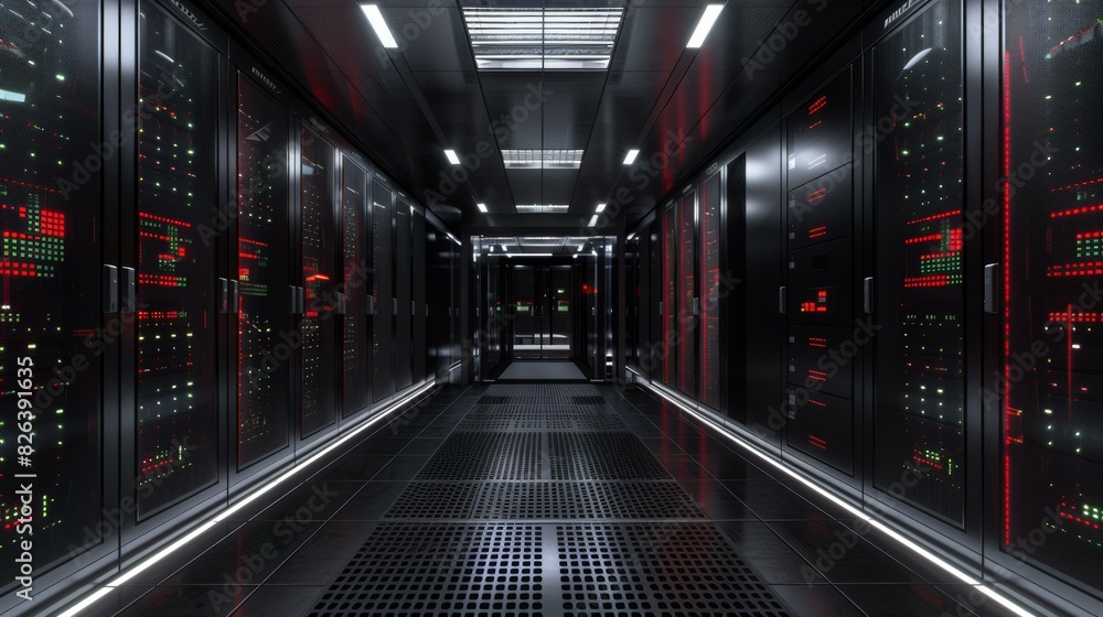 Dark Server Room Hallway With Black Cabinet Servers And Lights Dark Server Room Hallway With Black Cabinet Servers And Lights