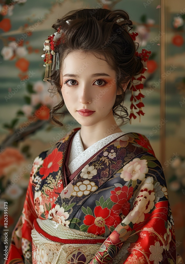 Portrait of a young woman in a kimono