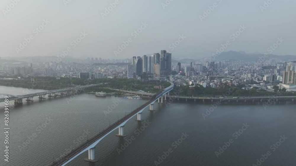 Drone View of Seoul city in South Korea, Dangsan, Han river, summer, sunset Drone View of Seoul city in South Korea, Dangsan, Han river, summer, sunset