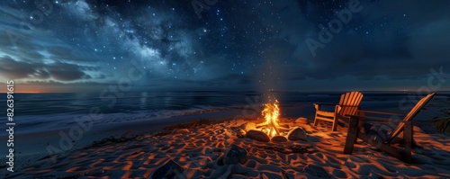 Serene beach bonfire under starry sky photo