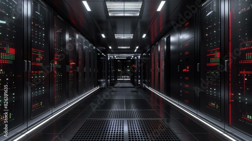 Dark Server Room Hallway With Black Cabinet Servers And Lights photo