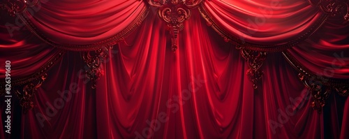 Lavish Velvet Curtain Background with Ornate Gold Trimmings for Luxury Interiors and Theatrical Scenes photo