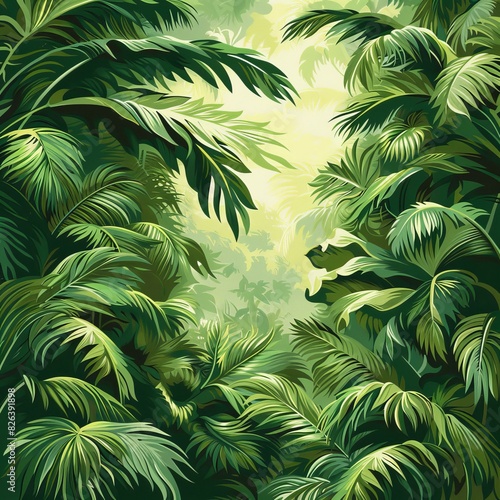 Lush Green Tropical Foliage in Dense Rainforest Habitat