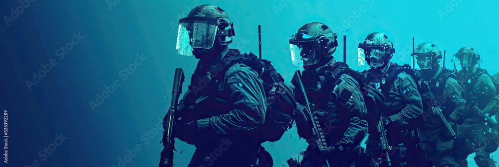 Fototapeta premium De-escalation Tactics (Turquoise): Signifies the use of tactics and strategies by police to de-escalate tensions and prevent violence during protests