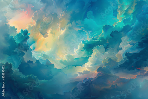 An ethereal masterpiece of abstract art, bursting with vibrant shades of turquoise and blue, capturing the mesmerizing beauty of a colorful cloudscape in the sky photo